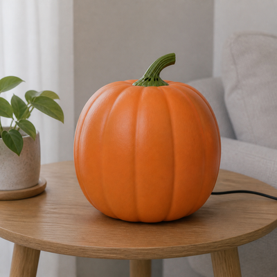 Smooth powered-off Jabberin Jack pumpkin on an ordinary side table.