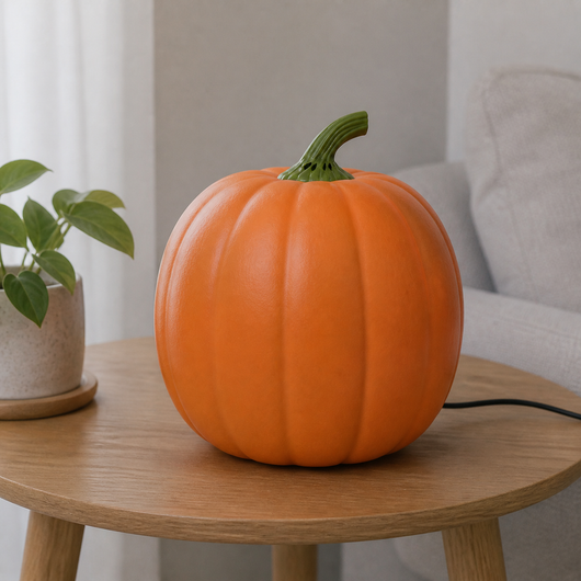 Smooth powered-off Jabberin Jack pumpkin on an ordinary side table.