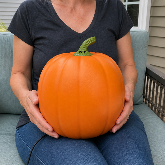 Adult holding the 12-inch Jabberin Jack pumpkin to show its true scale.