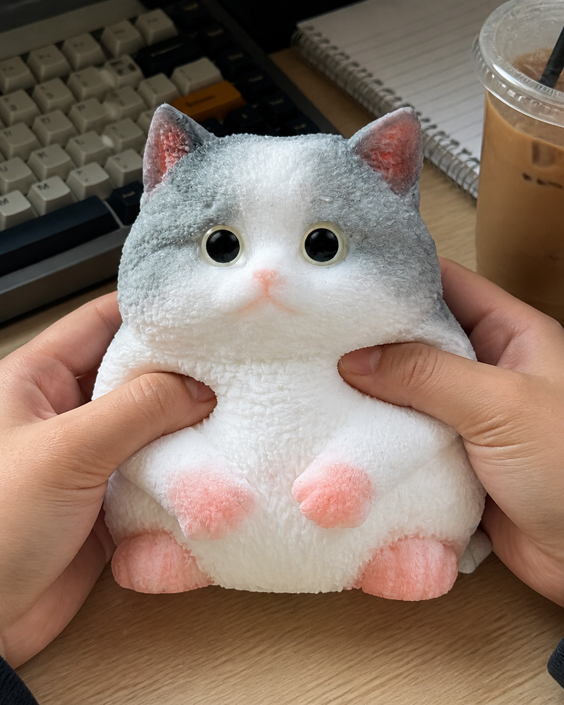 Candid close-up of the exact gray Taba-cat belly being squeezed beside a keyboard.