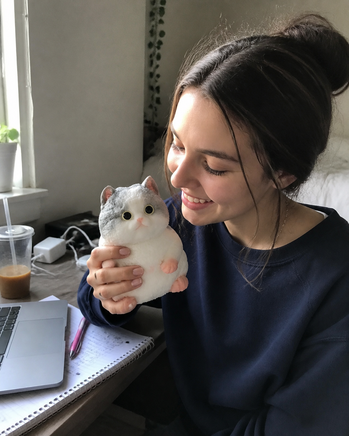 Candid phone photo of a student holding the exact gray Mochi Taba Cat at her desk.