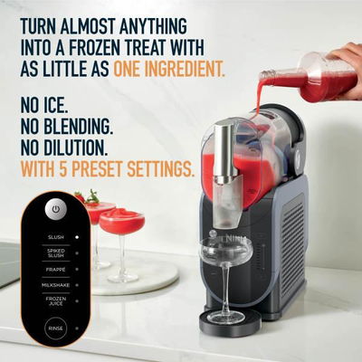 Liquid pouring into the Ninja SLUSHi with five preset settings shown.