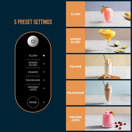 The five Ninja SLUSHi presets: Slush, Spiked Slush, Frappé, Milkshake, and Frozen Juice.