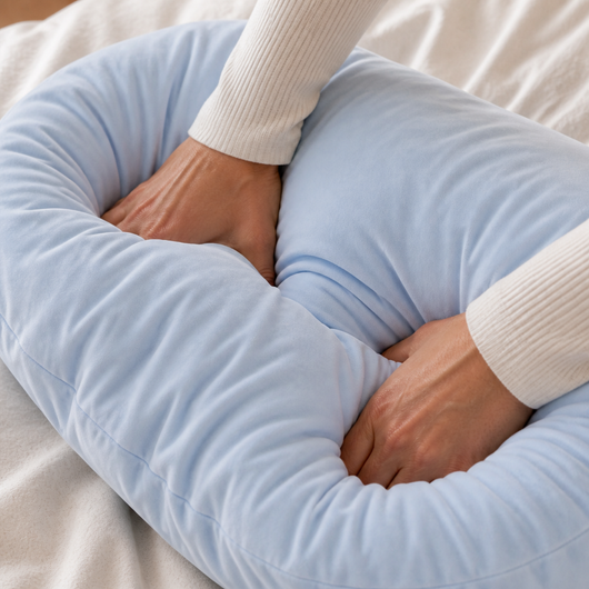 Hands pressing the soft movable fill of the Aftercare pillow.