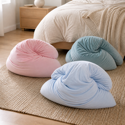 Aftercare pillows in pale blue, blush, and neutral colors on a bedroom rug.