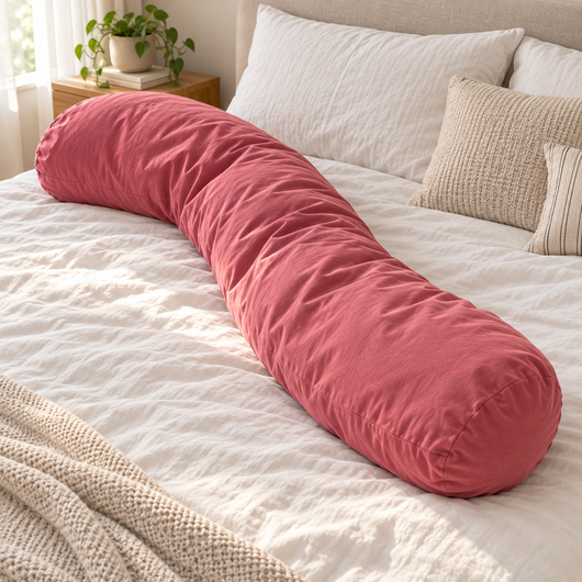 Long, floppy, underfilled dusty-rose Breakup Pillow lying across a real bed.