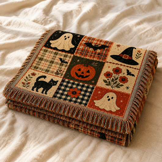 Hearth and Hex Halloween woven throw folded on a real bed.