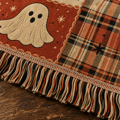 Close macro view of the woven texture and fringe on the Halloween throw.