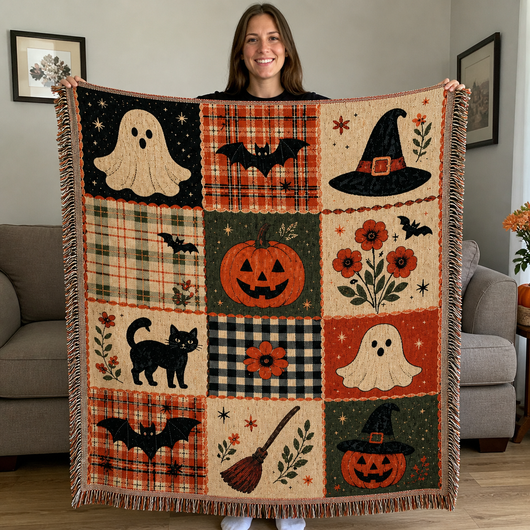 Person holding the full woven throw open to show its generous size.