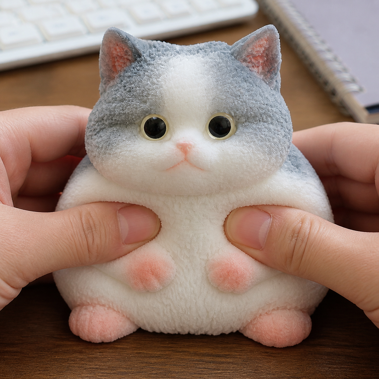 Close candid view of the exact chunky gray Taba cat squishy being squeezed by hand.