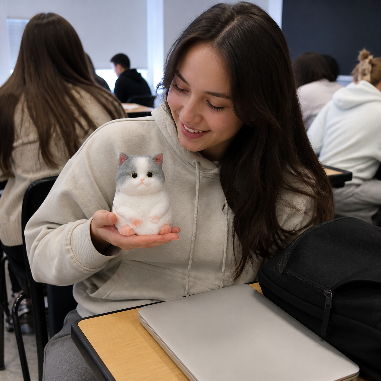 Candid desk photo of a student holding the exact gray chunky Taba cat squishy.