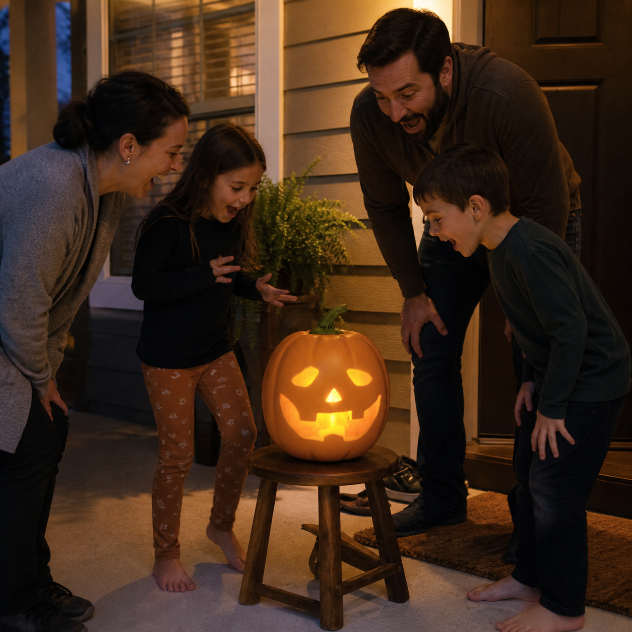 Family reacting to the real 12-inch talking pumpkin on their Halloween porch.