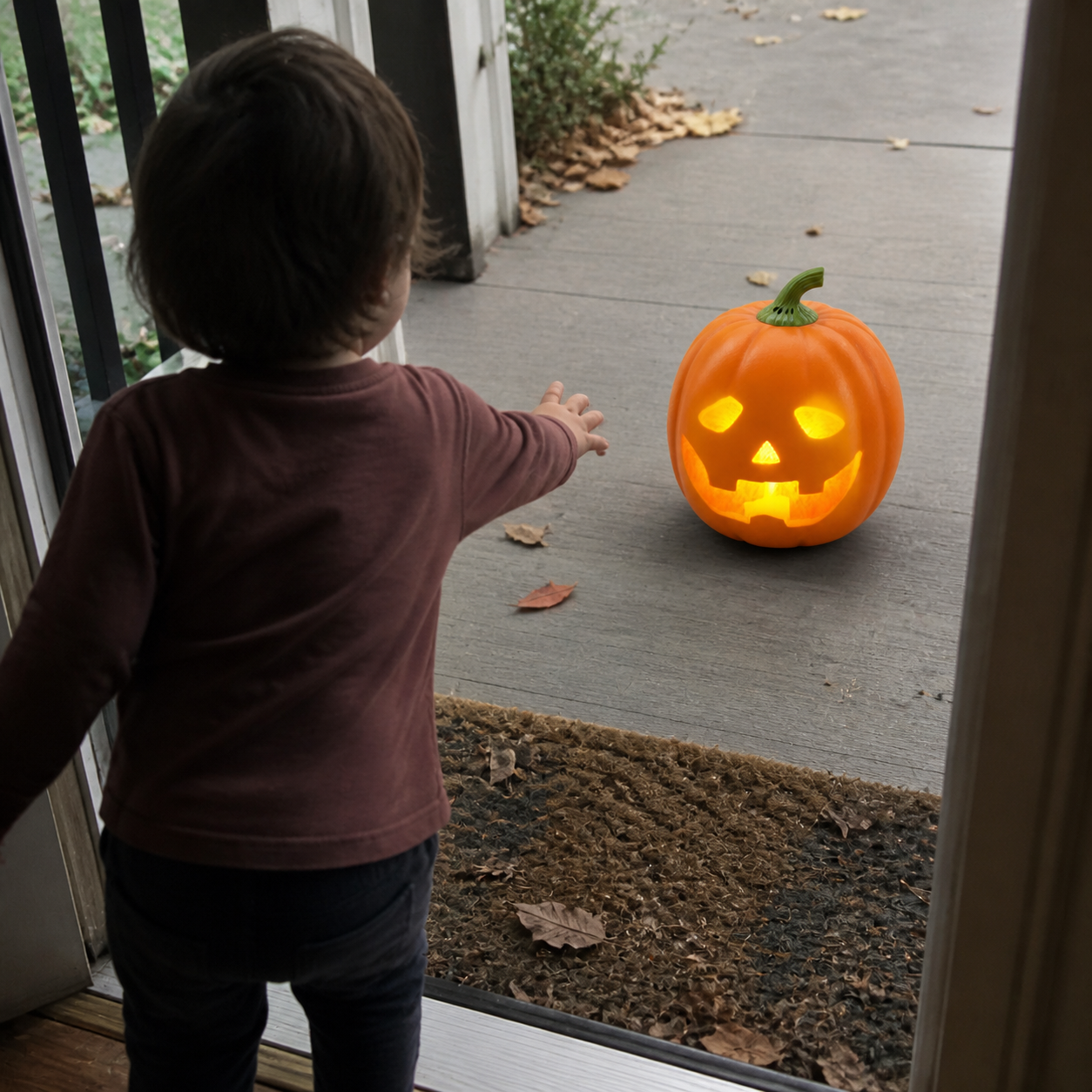 Family reacting to Jack Talking Pumpkin on a covered porch.