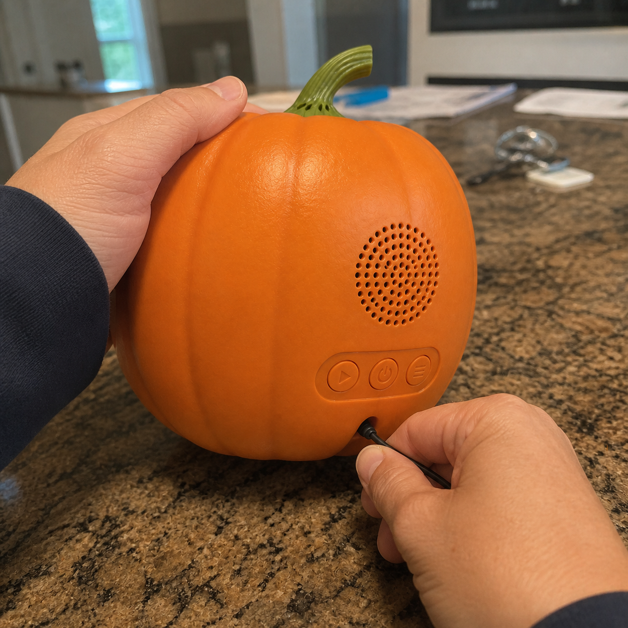 Homeowner standing beside Jack Talking Pumpkin.