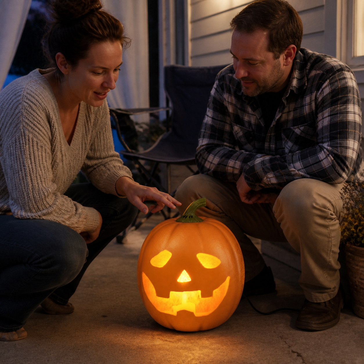 Trick-or-treaters reacting to Jack Talking Pumpkin at dusk.