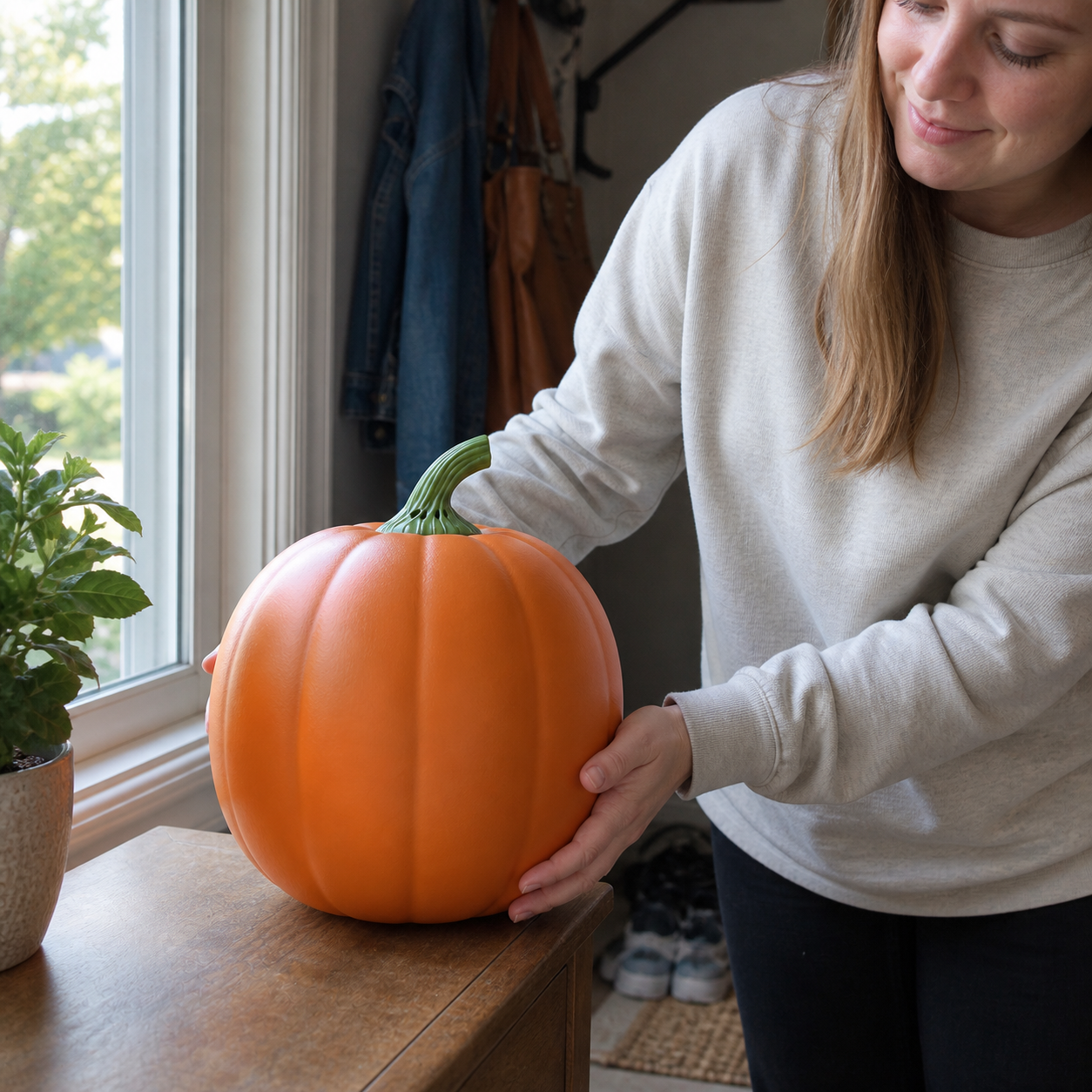 Candid photo of a woman placing the unlit talking pumpkin by her entryway.