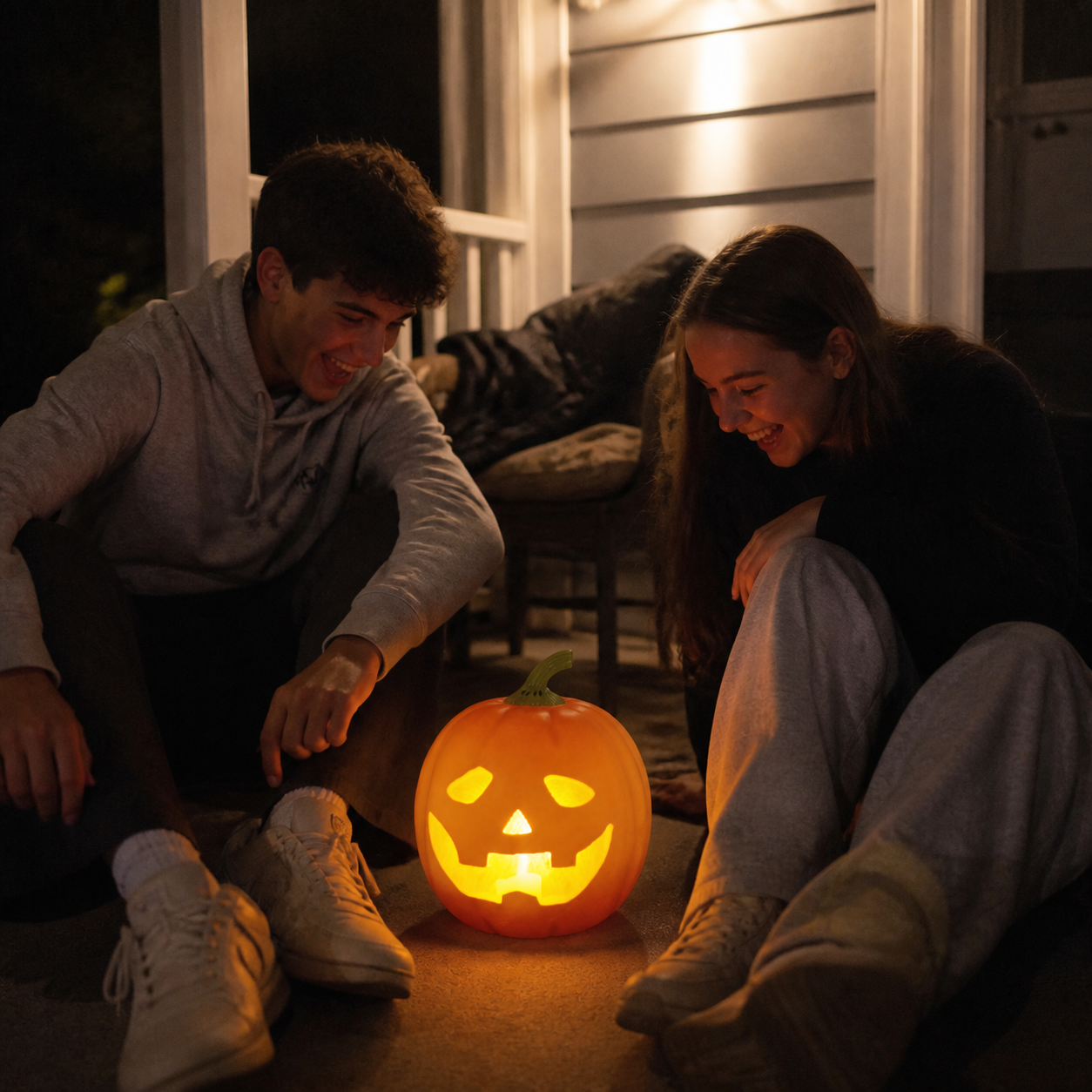 Candid night photo of two teens reacting to the talking pumpkin.