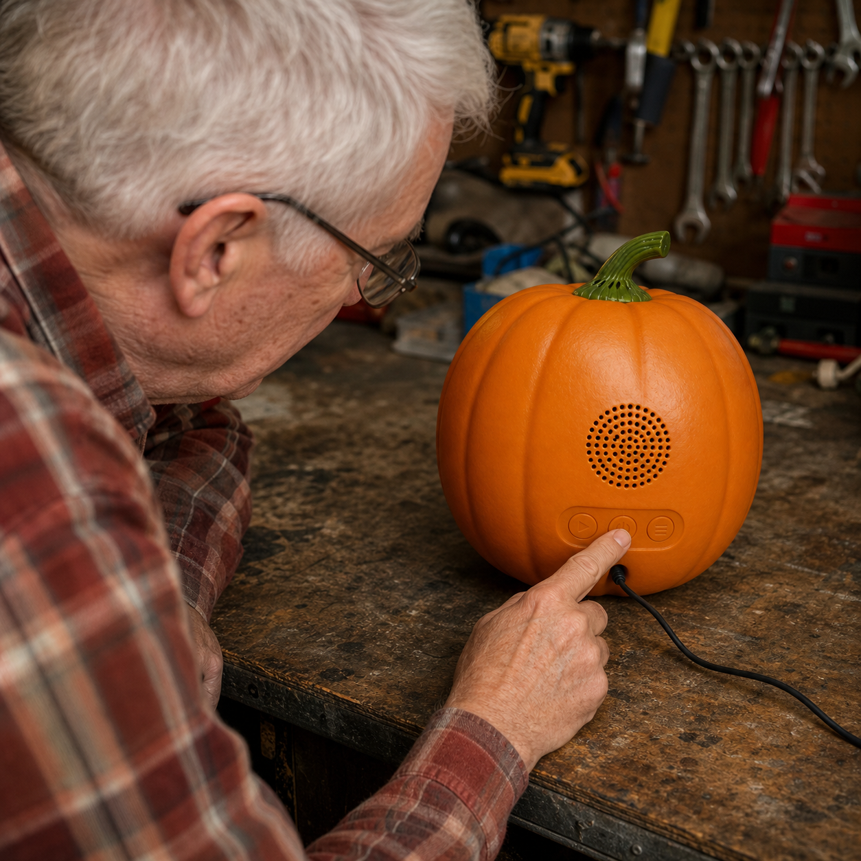 Casual garage photo of an older man testing the pumpkin controls.