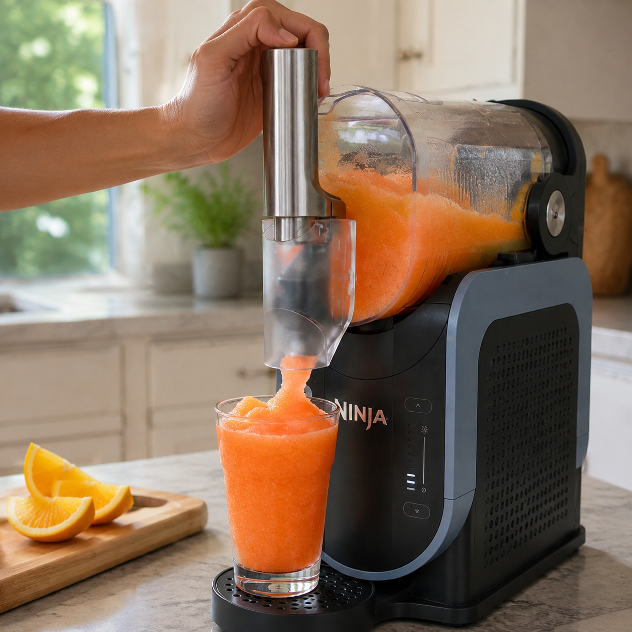 Ninja SLUSHi FS301 dispensing an orange frozen drink in a home kitchen.