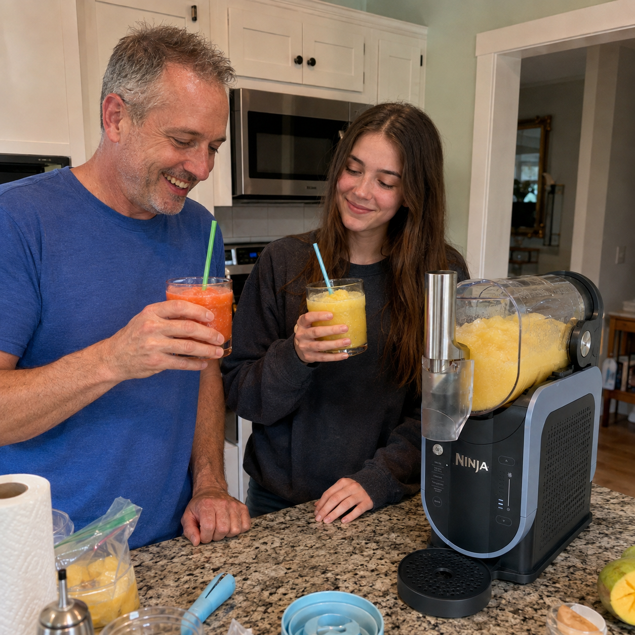Father and daughter tasting frozen drinks beside the Ninja SLUSHi.
