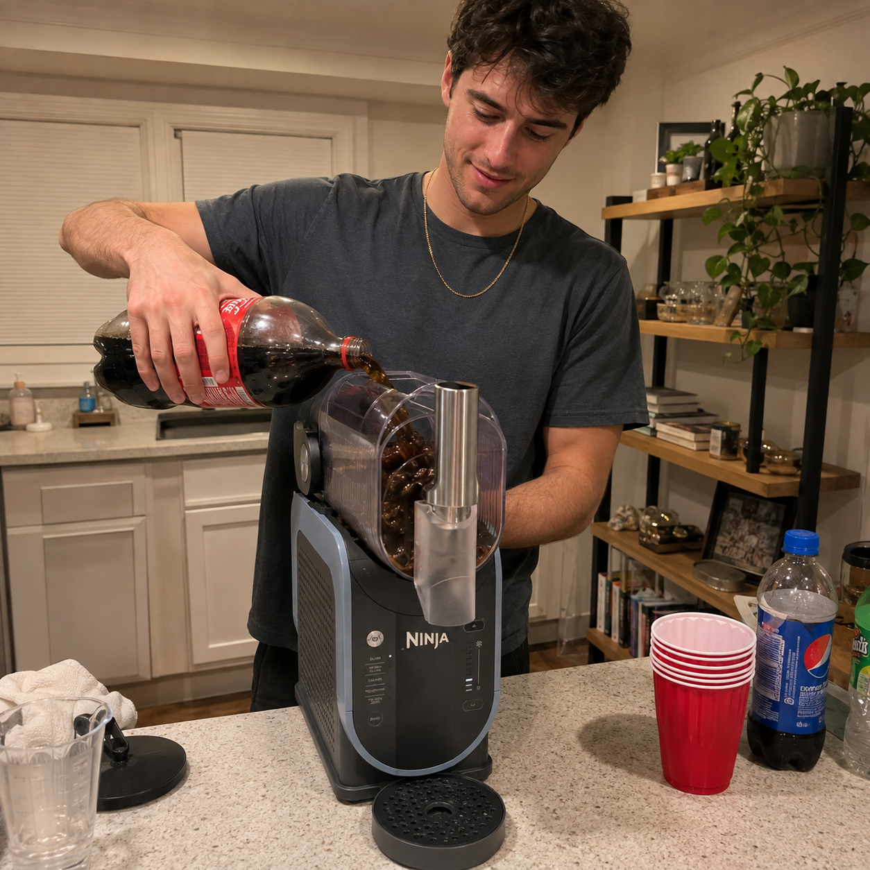 Man pouring cola into a Ninja SLUSHi before a casual game night.