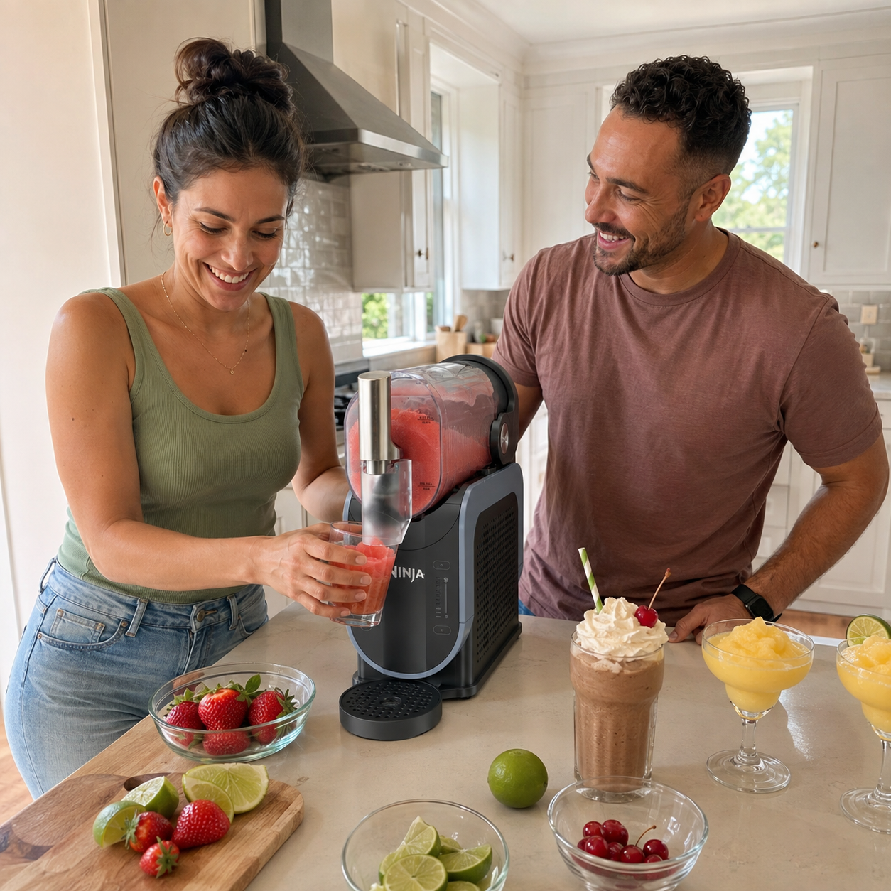 Friends dispensing a strawberry slush from the Ninja SLUSHi in a bright kitchen.