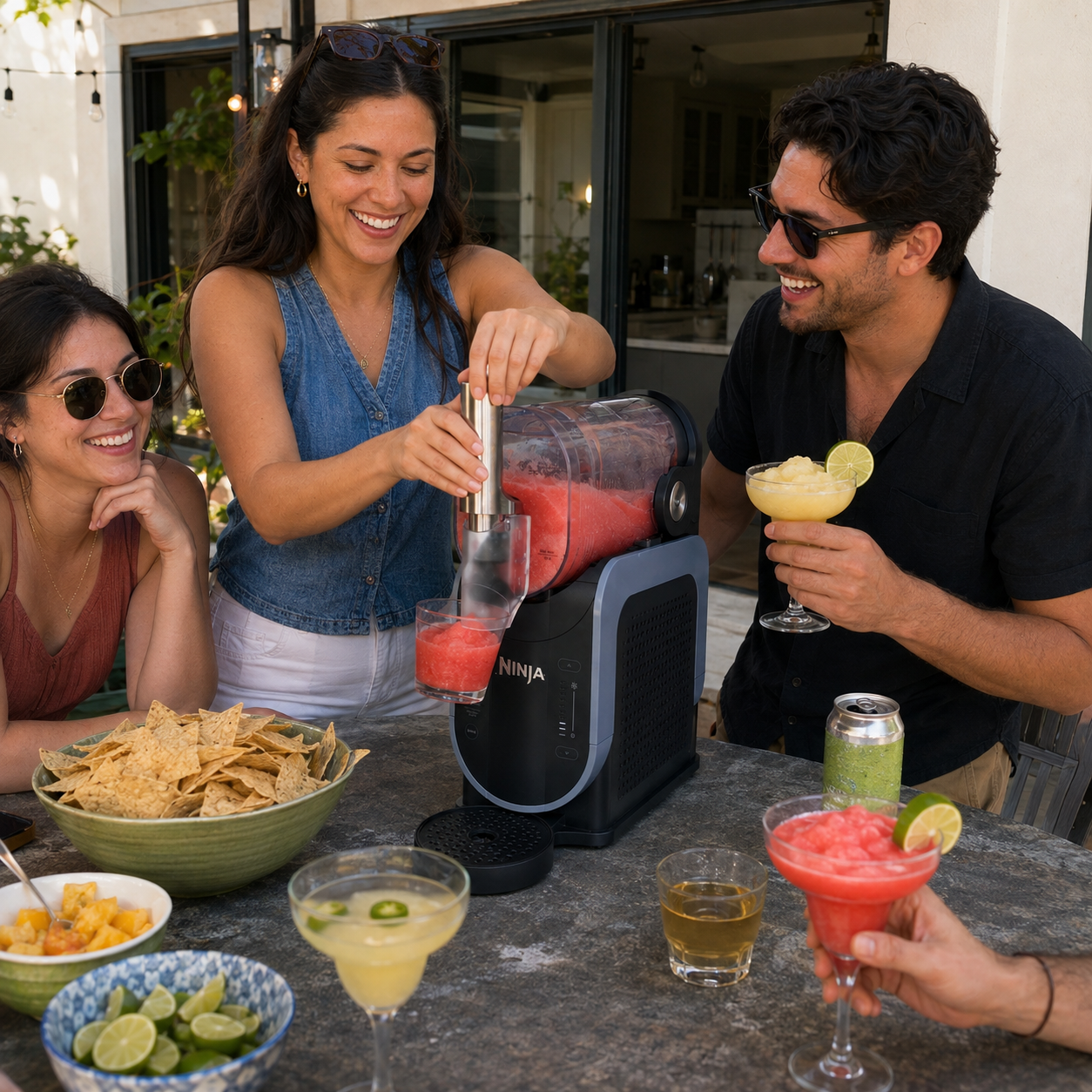 Friends serving frozen drinks from a Ninja SLUSHi at a patio gathering.