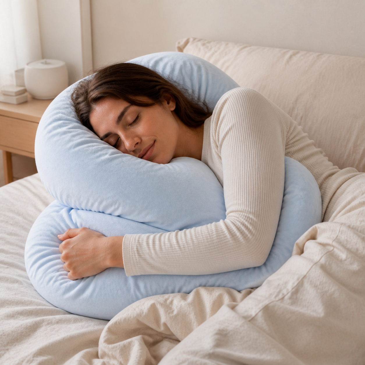 Person sleeping comfortably supported by the oversized pale-blue Aftercare pillow.