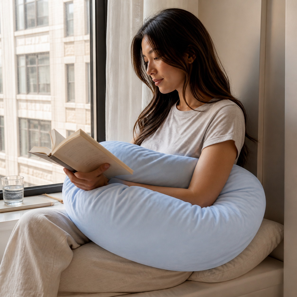 Casual customer-style photo hugging the Aftercare Cloud Pillow.