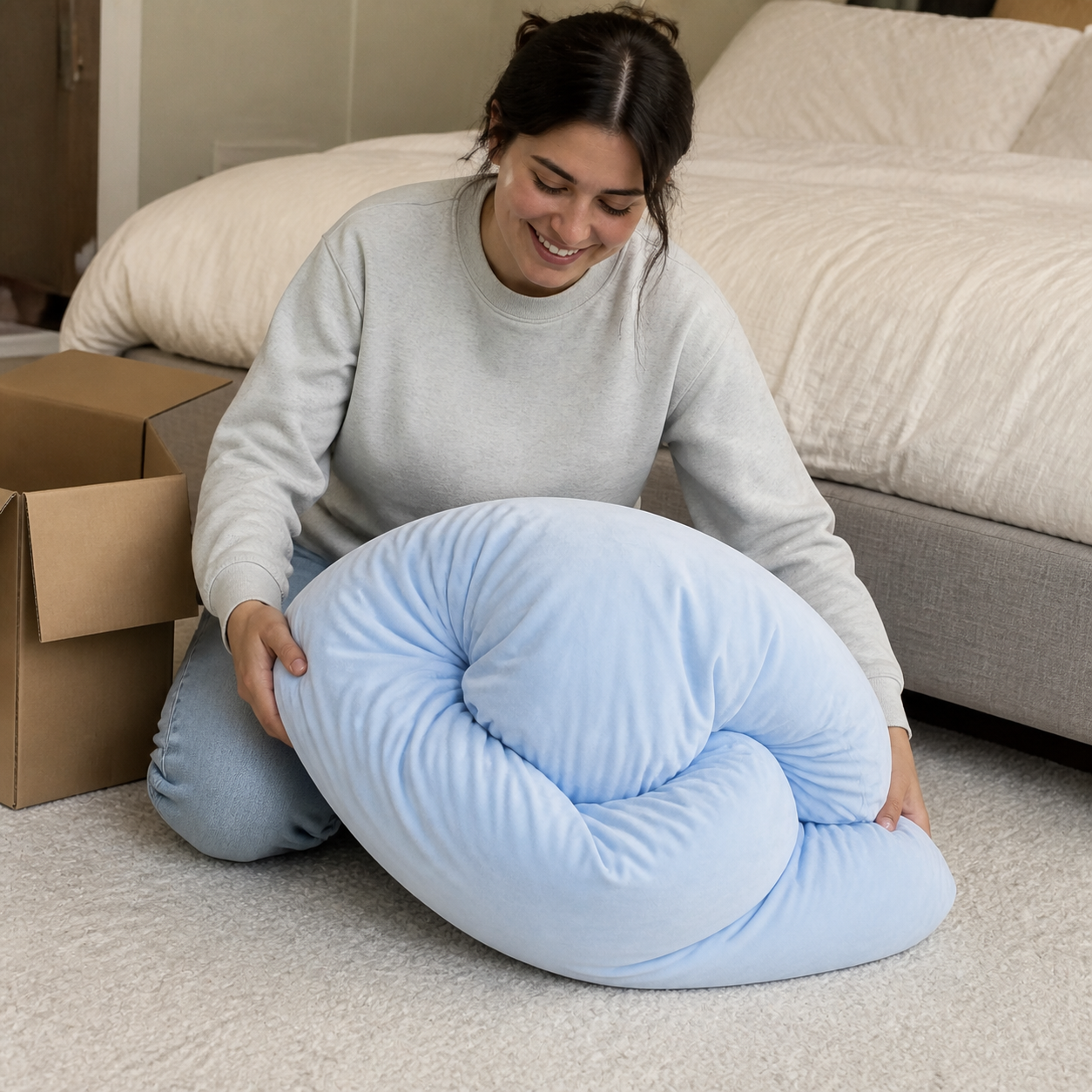 Candid bedroom photo of a customer unboxing and fluffing the oversized pillow.