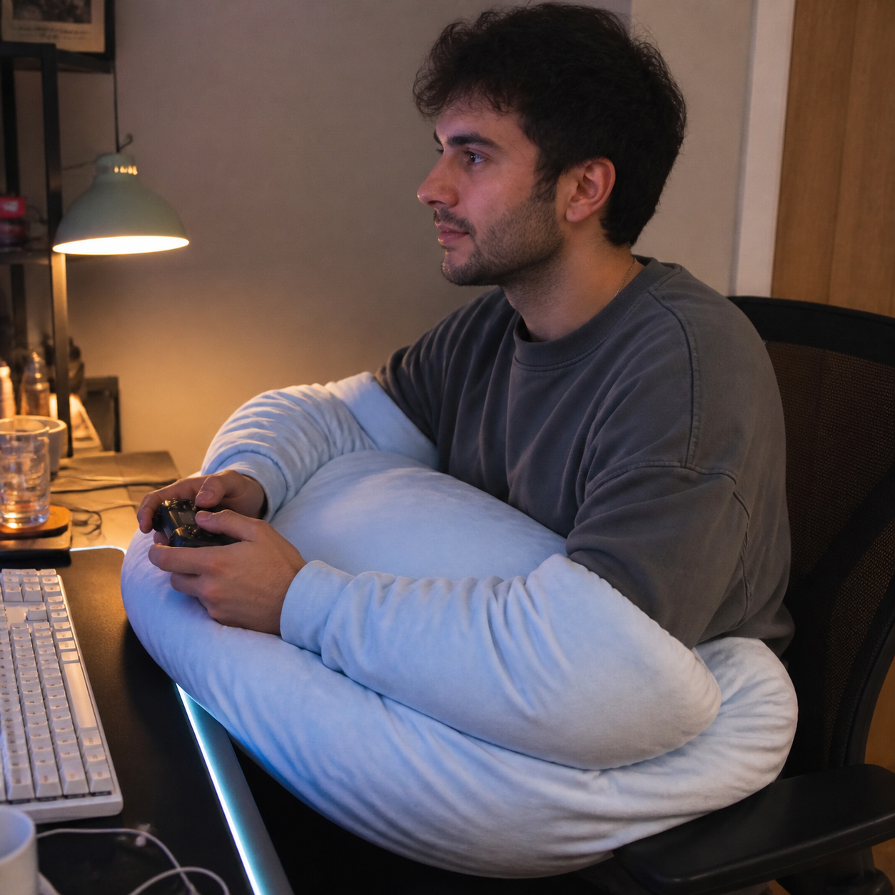 Casual gaming photo using the oversized pillow for arm support.