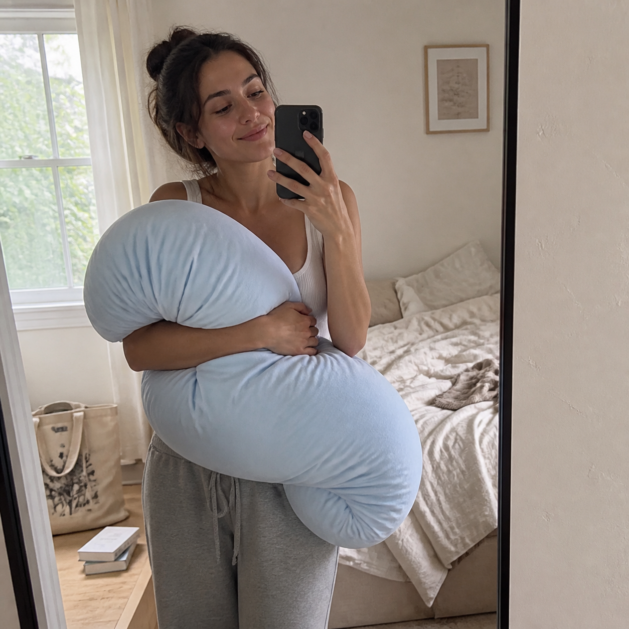 Realistic mirror selfie hugging the oversized Aftercare pillow.