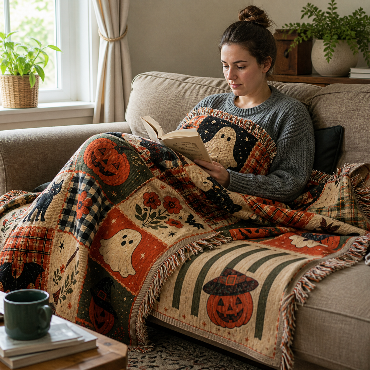 Person reading under the Hearth and Hex woven Halloween throw in natural window light.
