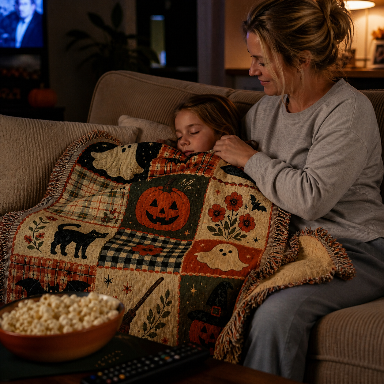 Person reading beneath the Hearth and Hex woven throw.