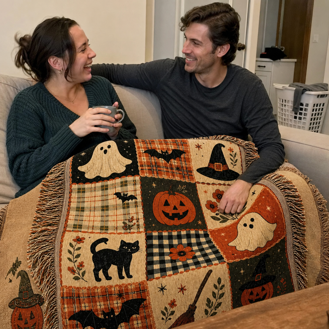 Couple relaxing beneath the Hearth and Hex woven throw.