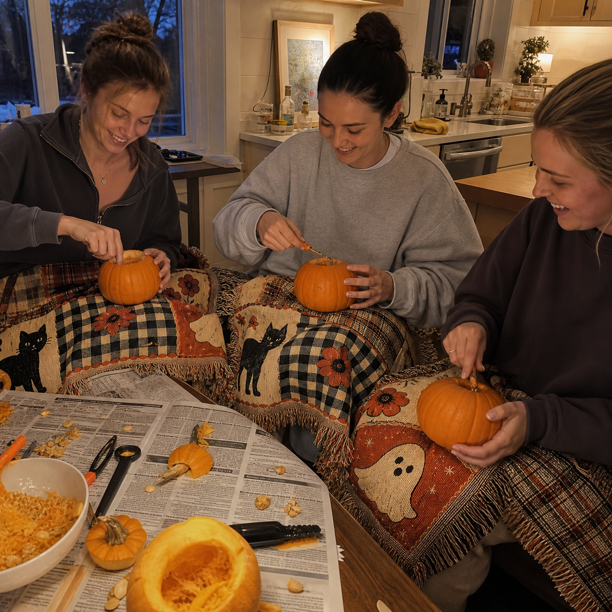 Friends talking with the Hearth and Hex woven throw across their laps.