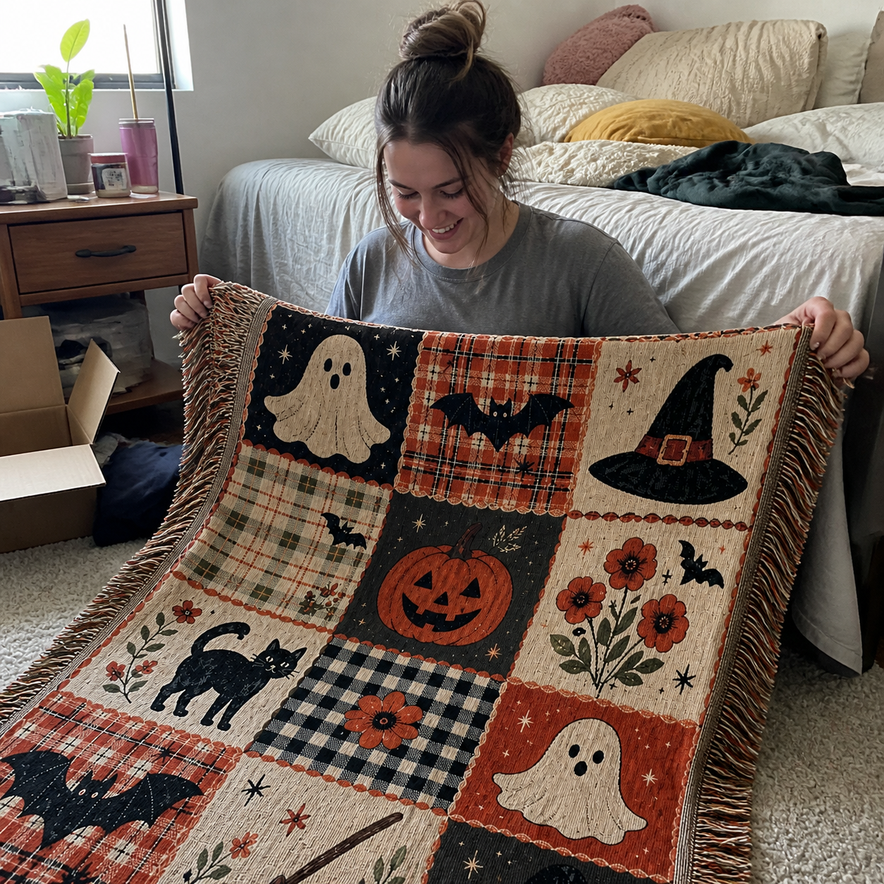 Candid bedroom photo of a customer unboxing the woven Halloween throw.