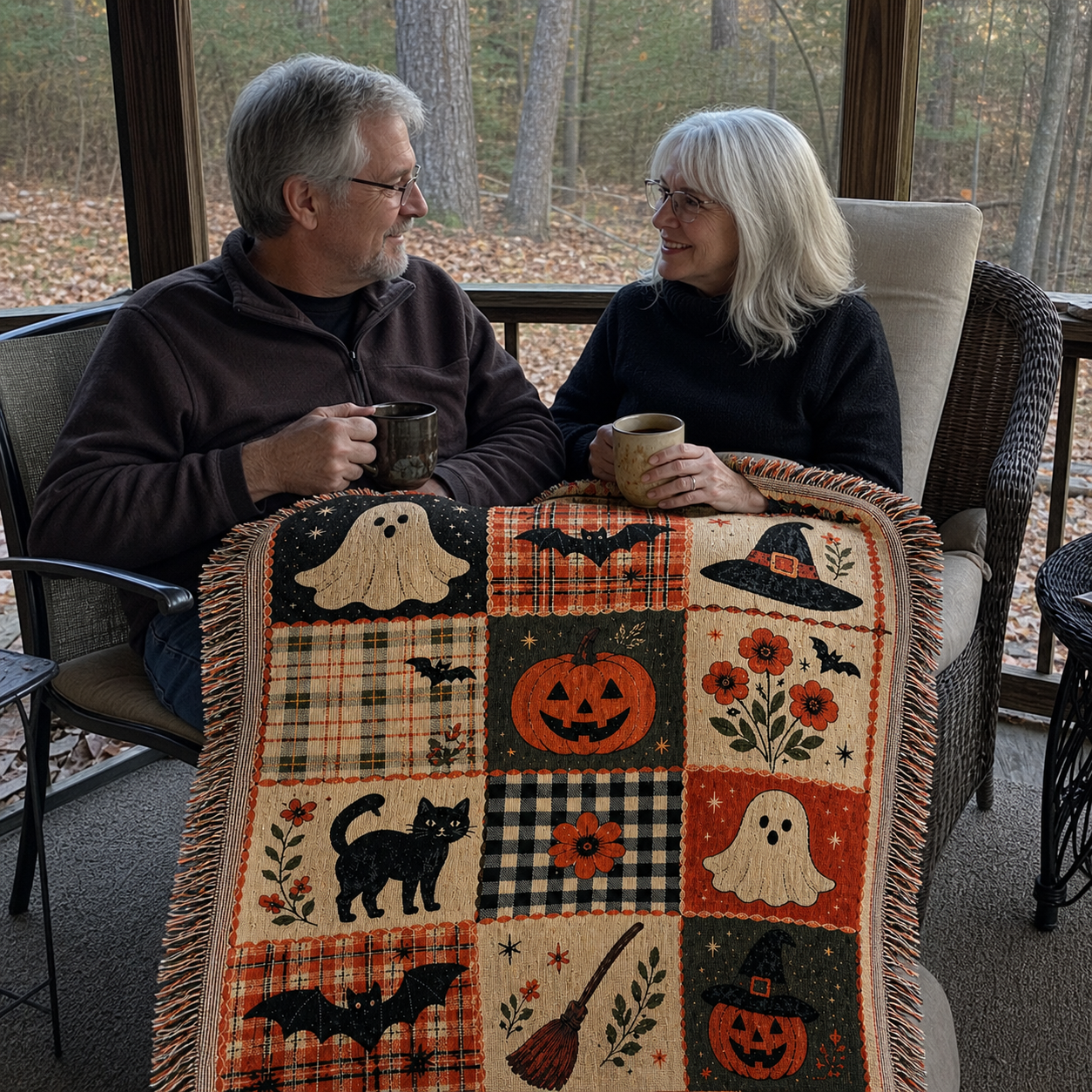 Casual screened-porch photo of an older couple sharing the throw.