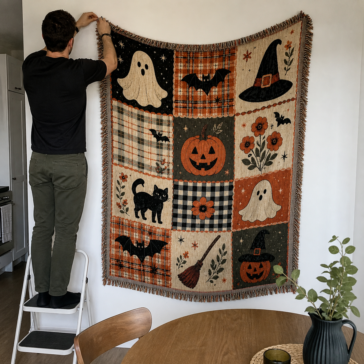 Candid apartment photo of a man hanging the woven throw as a wall tapestry.